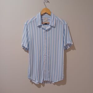 RSLVTS Men's Montauk Hamptons Blue Striped Rayon Button Front Shirt Sz S Coastal